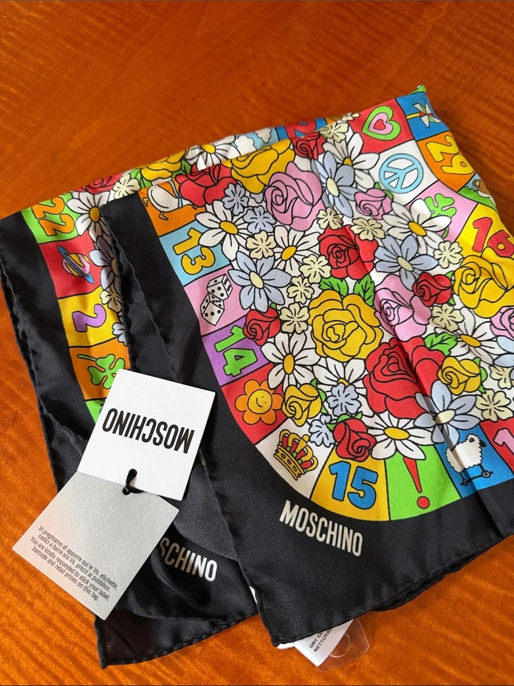 NWT Moschino Black Multicolor Playful Floral & Game-Board Silk Scarf 19x19